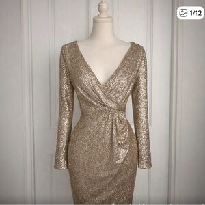 Aidan Mattox Gold Long Sleeve Dress